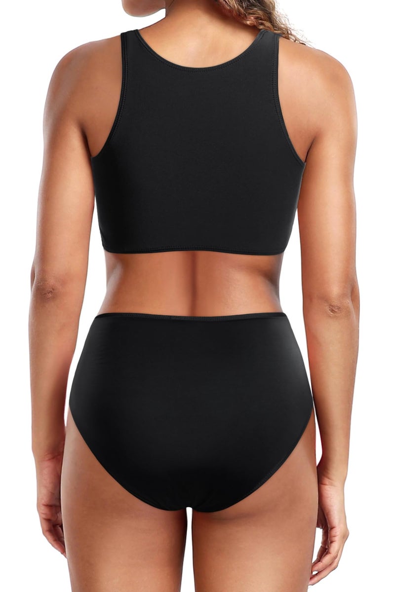 Tempt Me Women Two Piece Black Floral High Waisted Bikini Set Sporty Swimsuits Bathing Suit with Bottom for Teen Girls S - Image 2